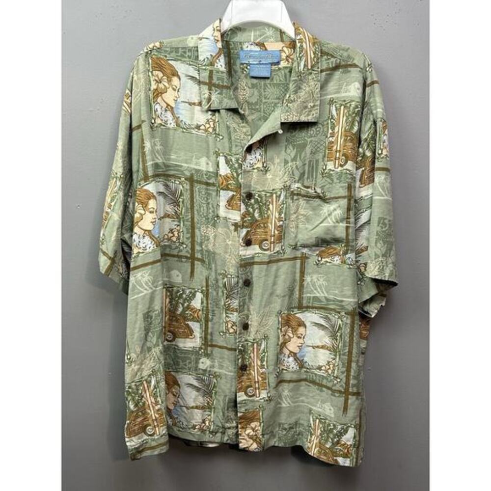 Bermuda Bay Silk Hawaiian Shirt Mens XXL Green Beach Surf Camp Short Sleeve